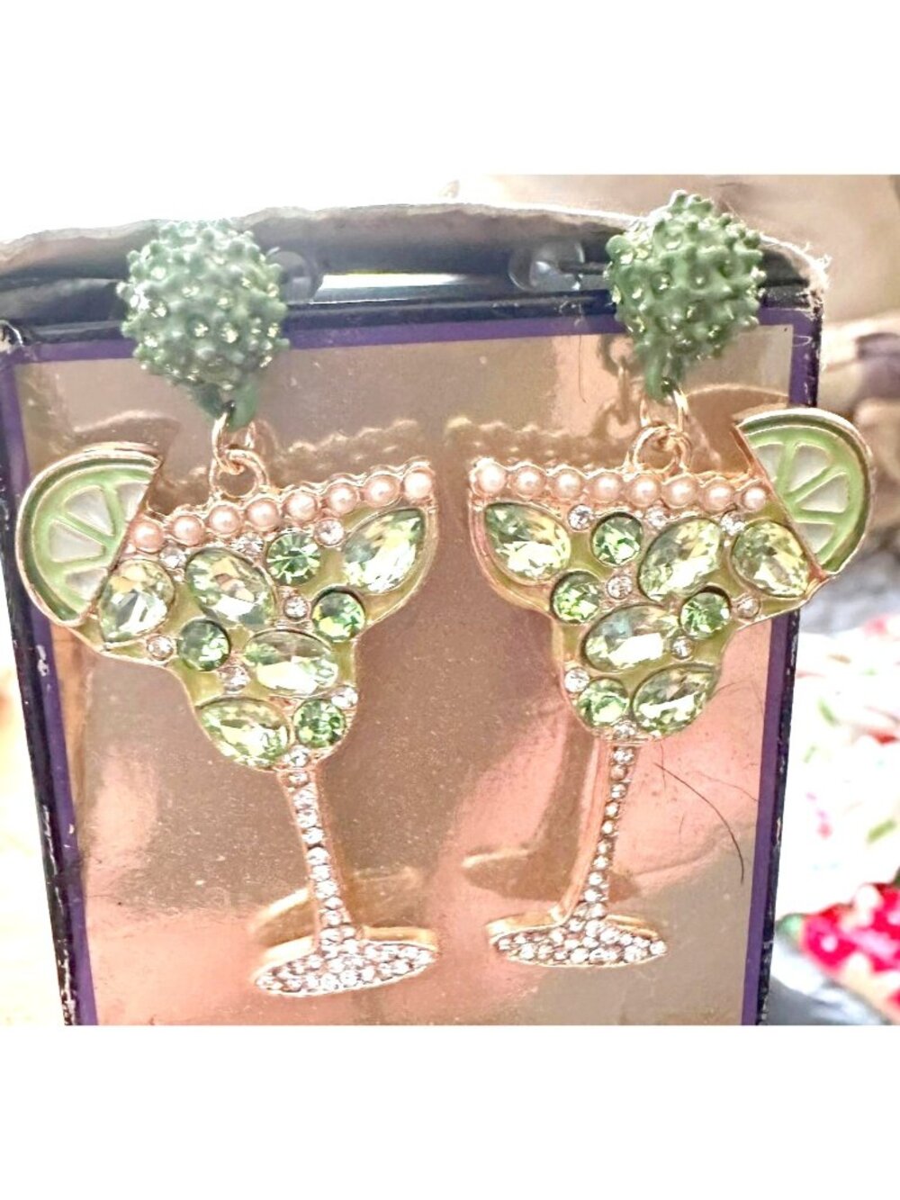 Margarita Earrings Green Crystal Clear Rhinestones Dangle Posts Beach Cruise New